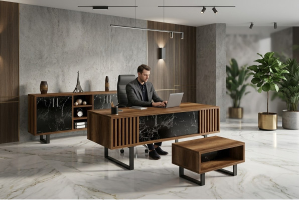 Schrijftafel kantoorset inrichting met marmeren tafel en kantoorkasten, 4-delig.