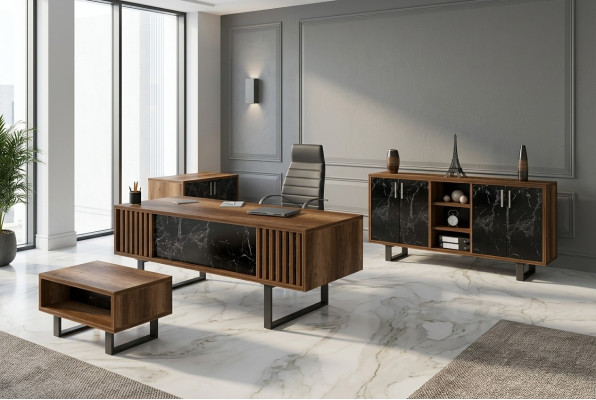 Schrijftafel kantoorset inrichting met marmeren tafel en kantoorkasten, 4-delig.