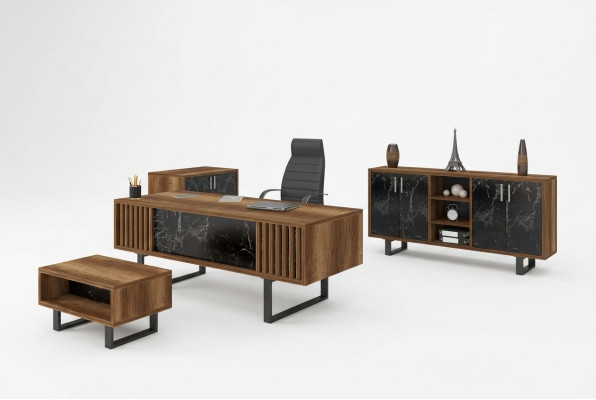 Schrijftafel kantoorset inrichting met marmeren tafel en kantoorkasten, 4-delig.