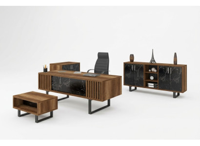 Schrijftafel kantoorset inrichting met marmeren tafel en kantoorkasten, 4-delig.