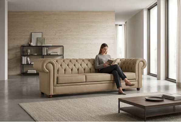 Beige Chesterfield driezitter kantoormeubel sofa gestoffeerde luxueuze meubels
