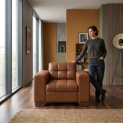 Bruine fauteuil, modern design, zitkamer, nieuw gestoffeerde fauteuil.