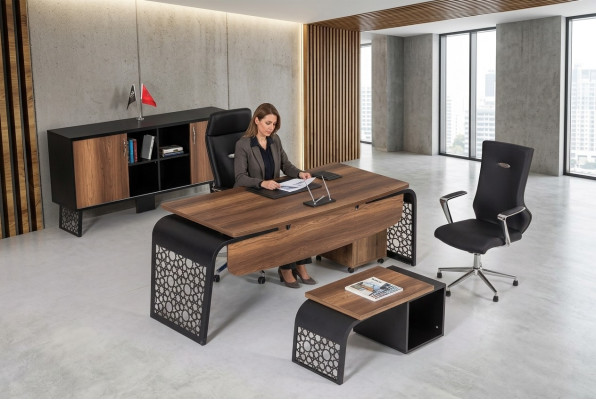 Moderne houten kantoor hoekbureau, kantoorkast, archiefkast, salontafel