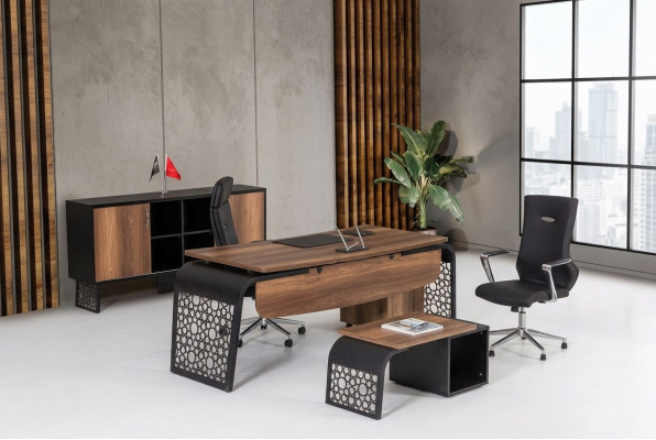 Moderne houten kantoor hoekbureau, kantoorkast, archiefkast, salontafel