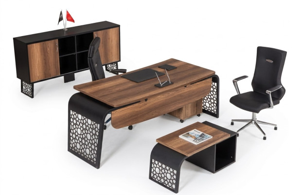 Moderne houten kantoor hoekbureau, kantoorkast, archiefkast, salontafel