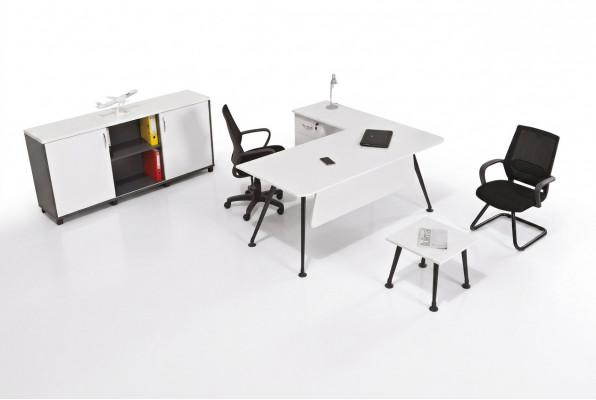 Witte hoekbureau werkkamermeubilair kantoorkast salontafel tafel 3 delig