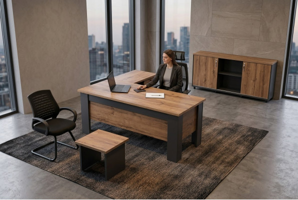 Bruin kantoorset Compleet thuiskantoormeubilair Tafel Kast Hoekbureau