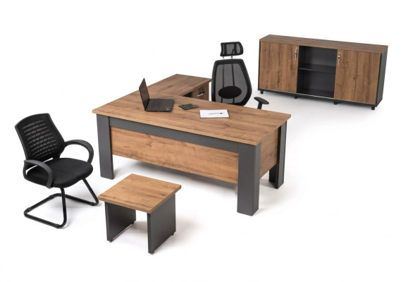 Bruin kantoorset Compleet thuiskantoormeubilair Tafel Kast Hoekbureau
