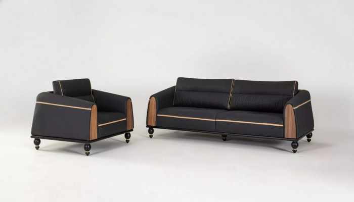 Zwarte bankstellen set moderne meubelstuk driezitter fauteuil stoffen meubels 2-delig.