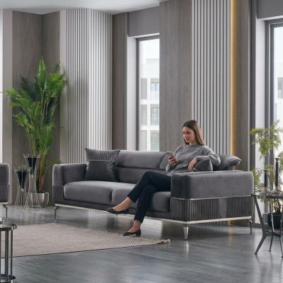 Grijze bank 3-zits driezitsbank luxe bank grijze meubels gestoffeerd textiel fluweel