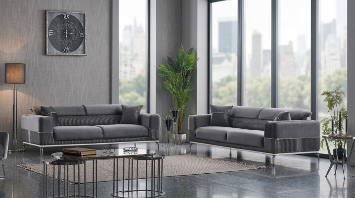 Grijze design bank club meubels bankstellen 3+3 zits gestoffeerde 230 cm banken