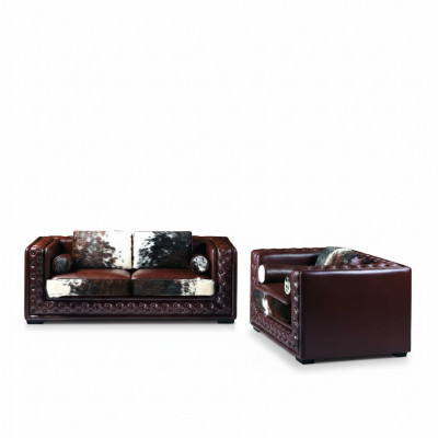 Donkerrode Chesterfield bankstel 3+2 zits 2-delige set van leer met ponyvacht