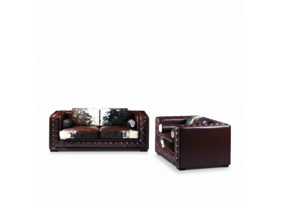 Donkerrode Chesterfield bankstel 3+2 zits 2-delige set van leer met ponyvacht