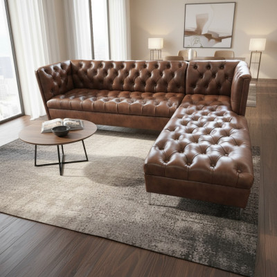 Chesterfield hoekbank L-vorm leer luxe bank leren hoekbank.