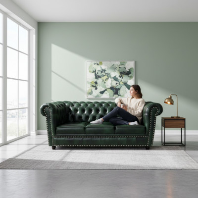 Chesterfield bank driezits echt lederen bank groene leren bank 230cm meubels