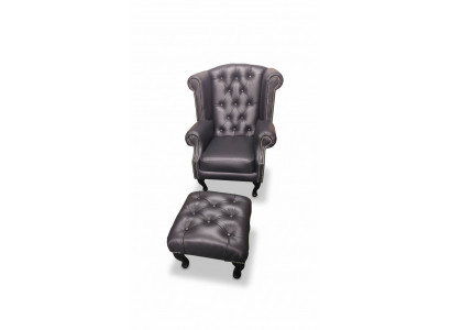 Luxe oorfauteuil en hocker Chesterfield fauteuil zwart leer modern
