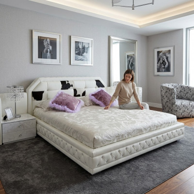 Luxe bed Chesterfield tweepersoonsbed echt leer met ponyvacht bedden Wit meubels