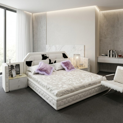 Luxe bed Chesterfield tweepersoonsbed echt leer met ponyvacht bedden Wit meubels