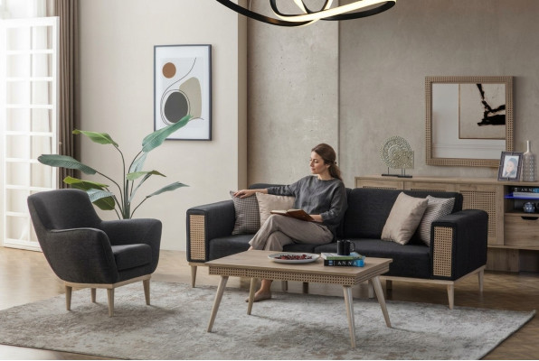 Grijze woonkamerset luxe driezits gestoffeerde fauteuil stijl textiel meubels