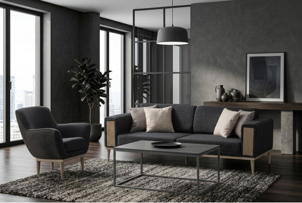 Grijze woonkamerset luxe driezits gestoffeerde fauteuil stijl textiel meubels