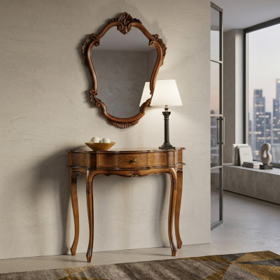 Elegante bruine console met spiegel in klassieke slaapkamer set.