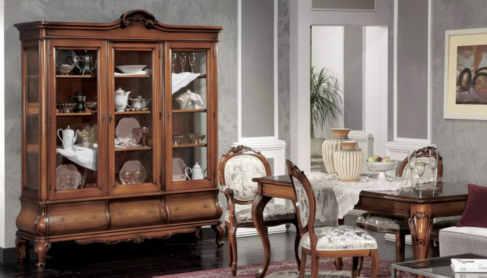 Klassieke eetkamerset houten meubels Eettafel 4x stoelen Vitrine 6-delig