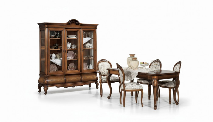 Klassieke eetkamerset houten meubels Eettafel 4x stoelen Vitrine 6-delig