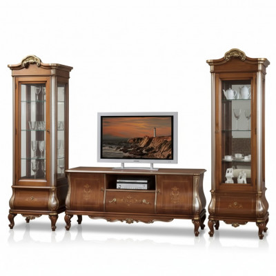 Klassieke woonkamerwand RTV 2x vitrines massief houten meubels TV-rek nieuw