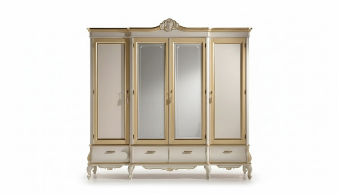 Klassieke luxe Witte vierdeurs slaapkamerkast Houten meubels Nieuw