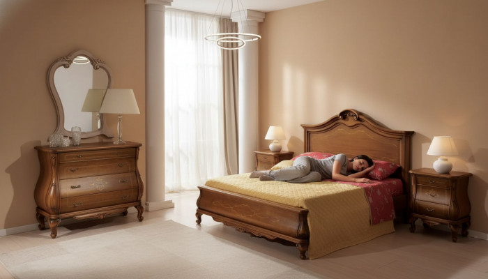 Bruine slaapkamer set met bed, 2 nachtkastjes, commode, spiegel. Klassiek.