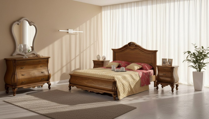 Bruine slaapkamer set met bed, 2 nachtkastjes, commode, spiegel. Klassiek.