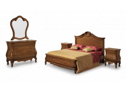 Bruine slaapkamer set met bed, 2 nachtkastjes, commode, spiegel. Klassiek.