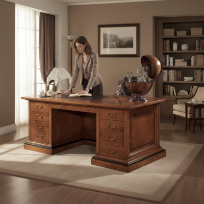 Bruin massief houten bureau Klassiek kantoormeubilair Werkkamertafel