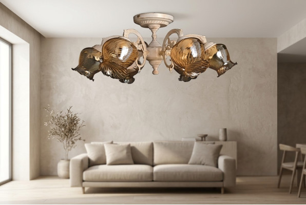 Plafondlamp Plafonnière Luster Kroonluchter Lampen Glas Beige Kunst