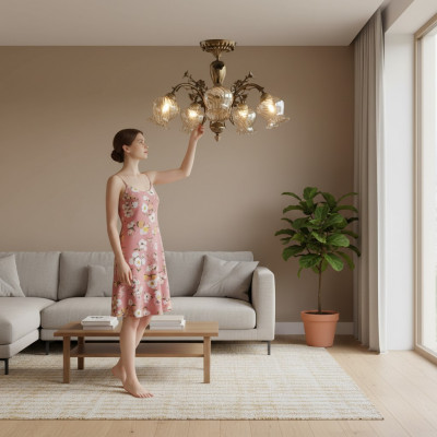 Plafondlamp Plafonnière Bloem kroonluchter Kandelaar Lamp Glas Bruin