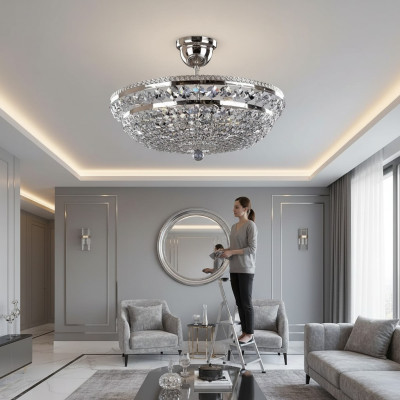 Ronde Zilveren Luxe Plafondlamp Kroonluchter Plafondkroonluchter Zilveren Kristal