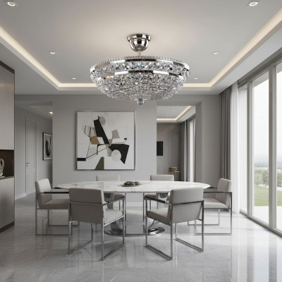 Ronde Zilveren Luxe Plafondlamp Kroonluchter Plafondkroonluchter Zilveren Kristal
