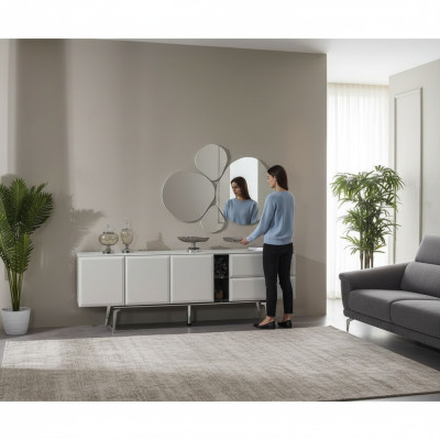 Sideboard met spiegel, witte commode, console tafel, moderne houten set.