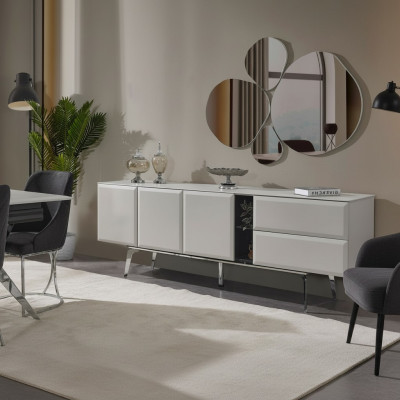 Sideboard met spiegel, witte commode, console tafel, moderne houten set.