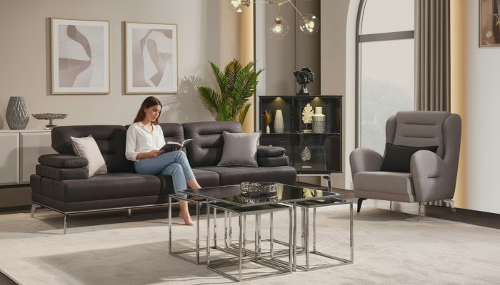 Sofagroep 3-zitsbank Stoffen bankstel Stoel Zwart Modern Set