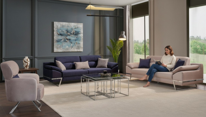 Luxe bankstel 3-zitsbank 2-zitsbank fauteuil stof blauw modern