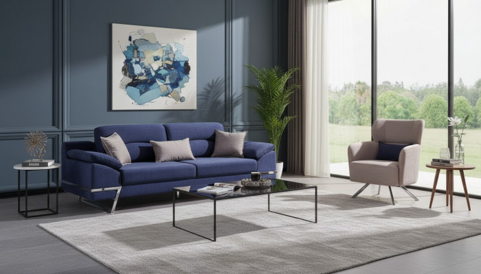 Luxe bankstel 3-zitsbank 2-zitsbank fauteuil stof blauw modern