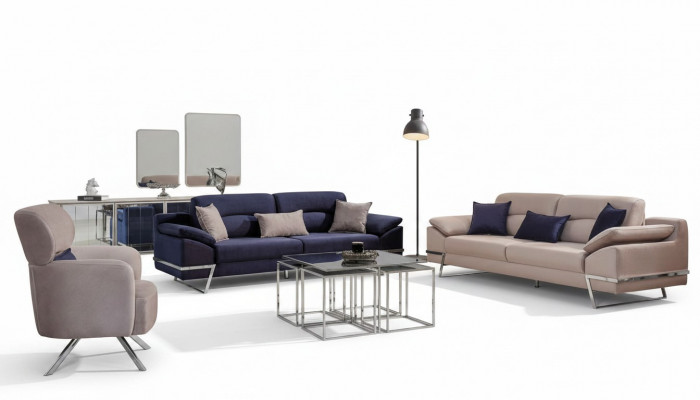 Luxe bankstel 3-zitsbank 2-zitsbank fauteuil stof blauw modern