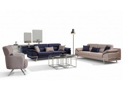 Luxe bankstel 3-zitsbank 2-zitsbank fauteuil stof blauw modern