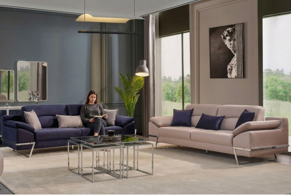 Driedelige bankstel bankstel 3-persoons stof luxe blauw set bankstellen