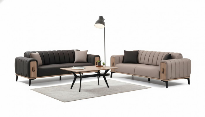 Bruine bankstel 2x driezits luxe set meubels banken banken houten frame