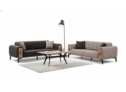 Bruine bankstel 2x driezits luxe set meubels banken banken houten frame