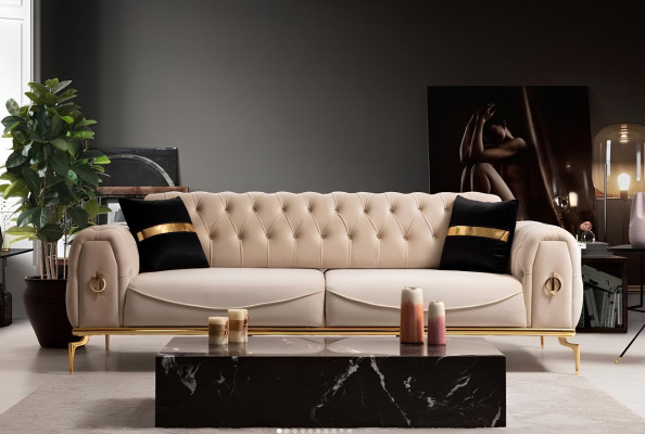Bankstel Luxe Chesterfield Zitgroep Driepersoons Zwart 3+3 Zitplaatsen