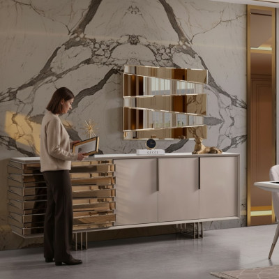 Dressoir Sideboard Ladekast Houten kast Beige Goud Luxe Woonkamer