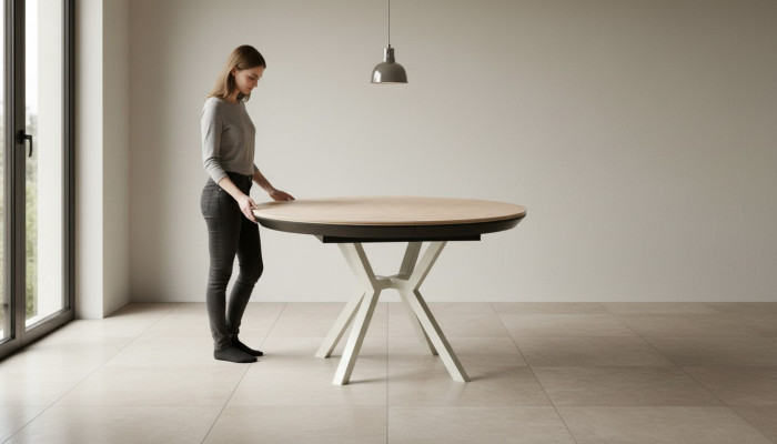 Moderne keukentafel eetkamertafel Uitschuifbare ronde houten beige tafel.